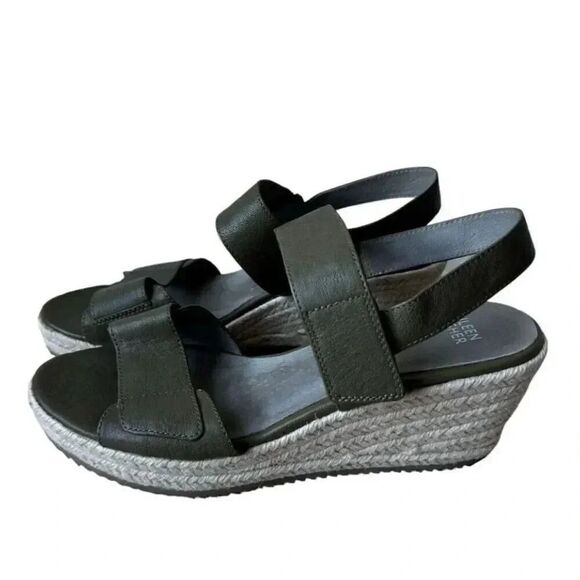 Eileen Fisher Winnie olive green tumbled leather wedge espadrilles shoes Sz 9 - Picture 1 of 16